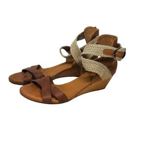 Cocolico 37.5 Wedge Sandal Brown Leather Woven Ankle Strap Comfort Coastal